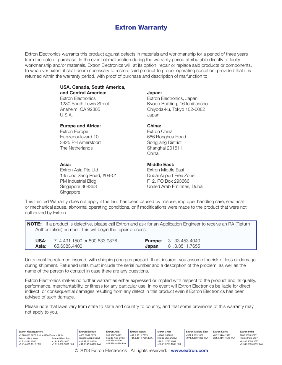 Extron warranty, Contacts, Contact information warranty extron warranty | Extron Electronics DMP 128 User Guide User Manual | Page 205 / 205
