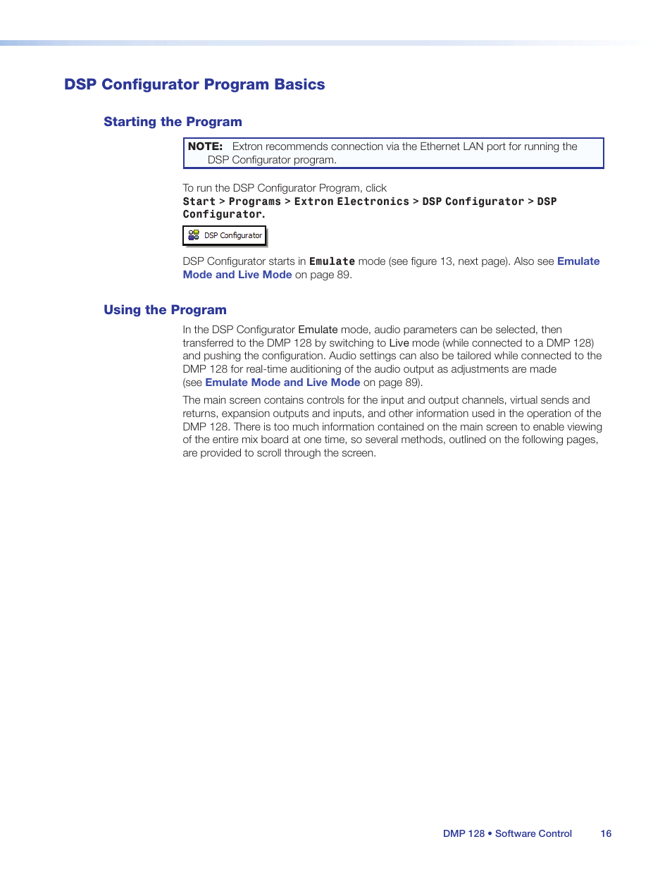 Dsp configurator program basics, Starting the program, Using the program | Starting the program using the program | Extron Electronics DMP 128 User Guide User Manual | Page 22 / 205