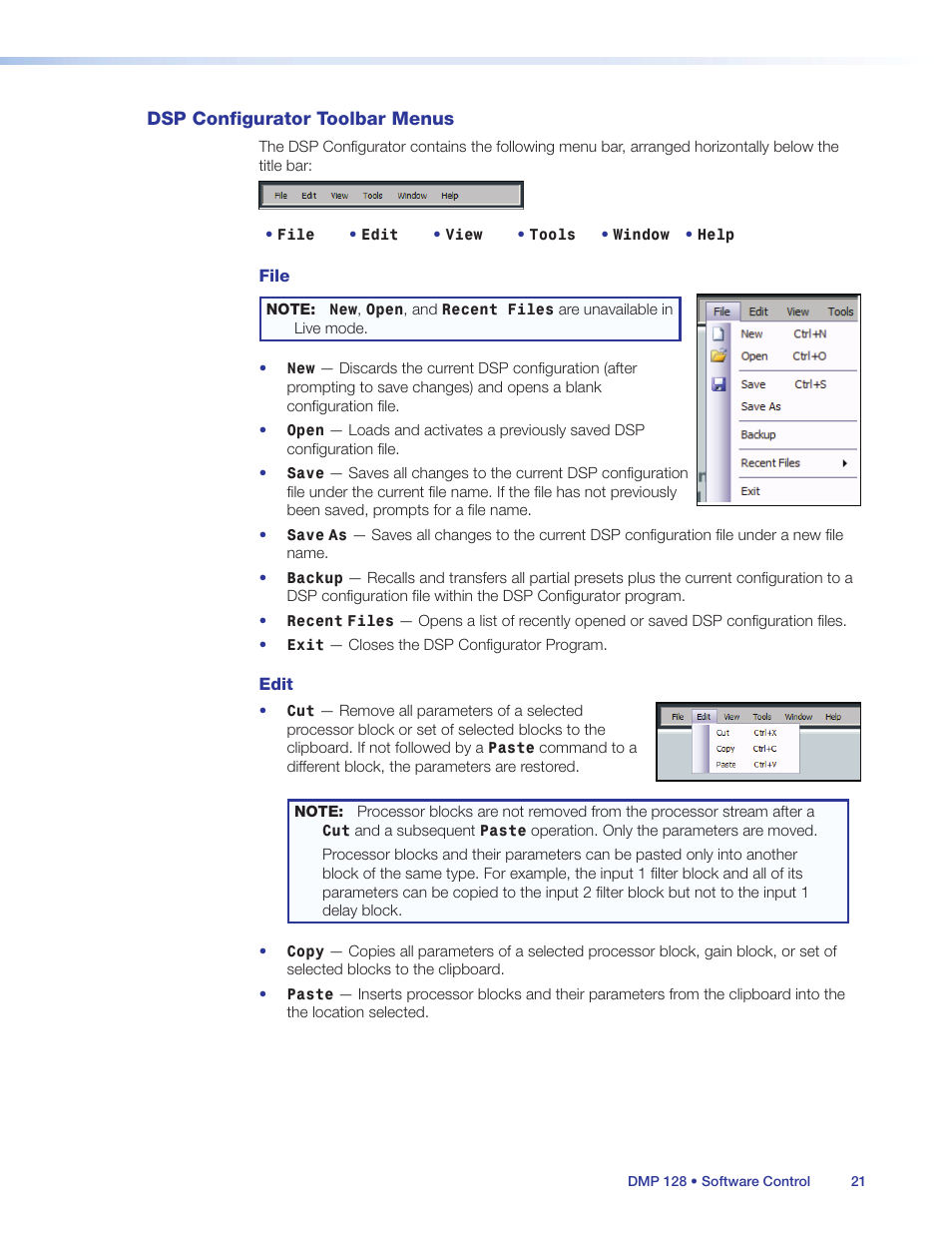 Dsp configurator toolbar menus | Extron Electronics DMP 128 User Guide User Manual | Page 27 / 205