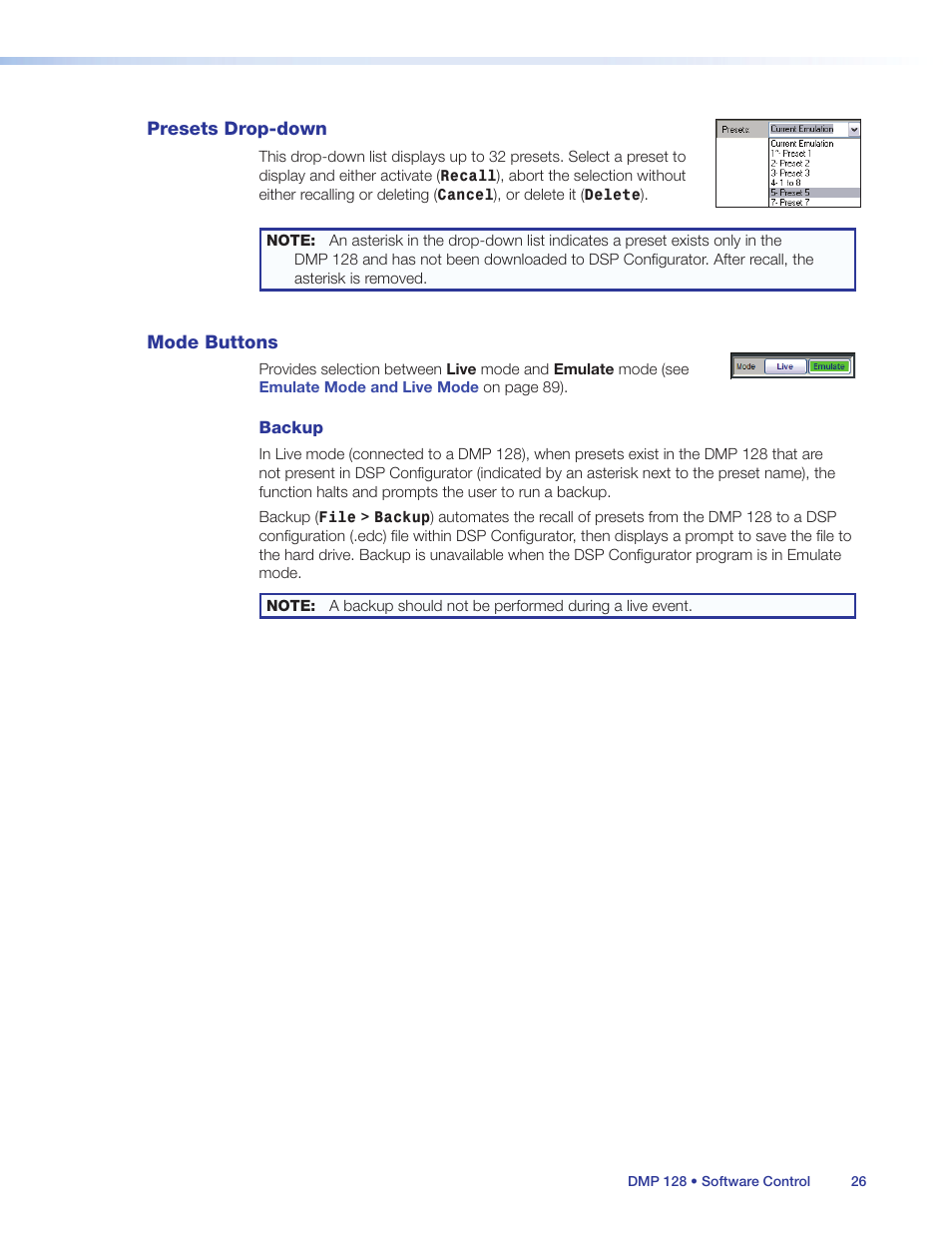 Presets drop-down, Mode buttons, Presets drop-down mode buttons | Extron Electronics DMP 128 User Guide User Manual | Page 32 / 205