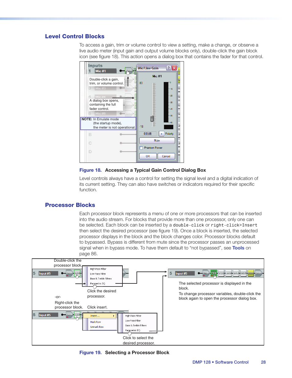 Level control blocks, Processor blocks, Level control blocks processor blocks | Extron Electronics DMP 128 User Guide User Manual | Page 34 / 205