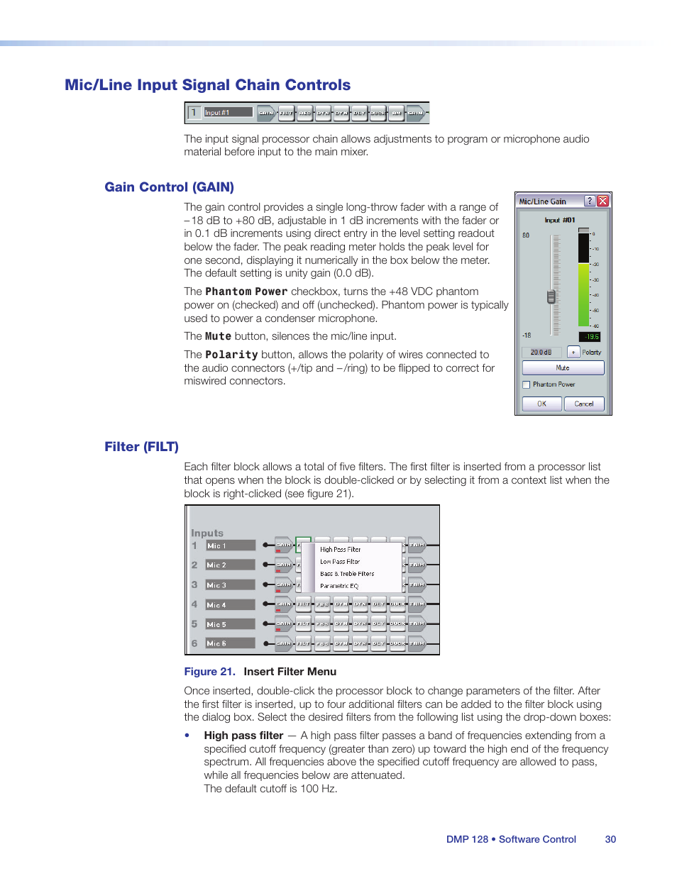 Mic/line input signal chain controls, Gain control (gain), Filter (filt) | Gain control (gain) filter (filt) | Extron Electronics DMP 128 User Guide User Manual | Page 36 / 205
