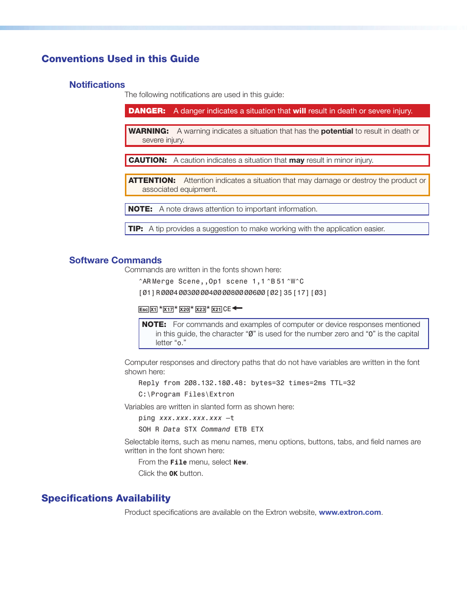 Conventions used in this guide, Specifications availability, Conventions | Extron Electronics DMP 128 User Guide User Manual | Page 4 / 205