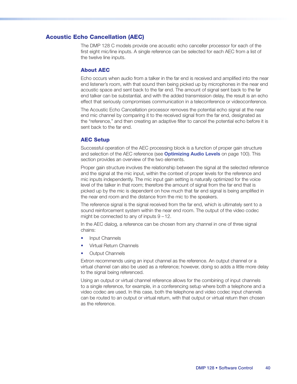Acoustic echo cancellation (aec) | Extron Electronics DMP 128 User Guide User Manual | Page 46 / 205