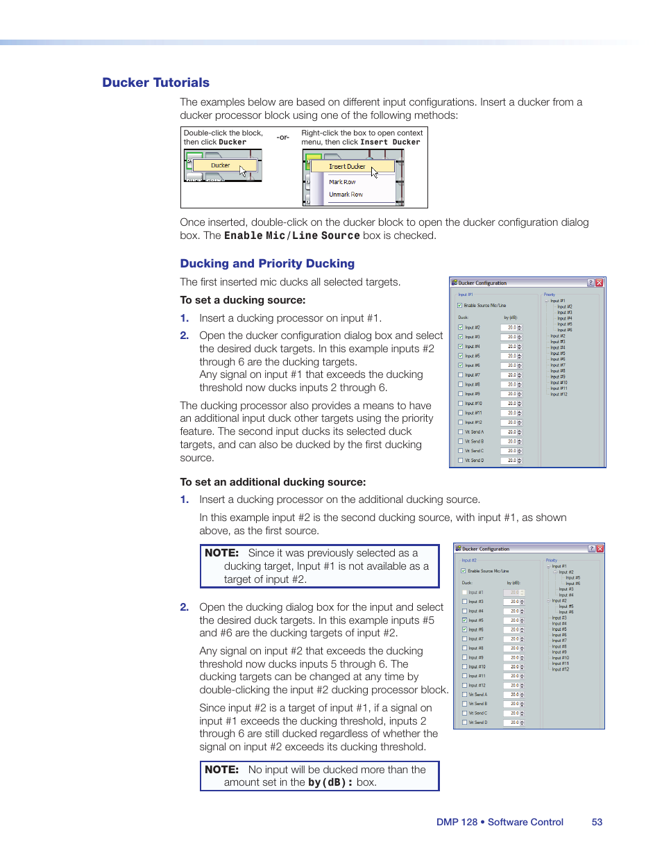 Ducker tutorials, Ce (see, Ducking and priority ducking | Extron Electronics DMP 128 User Guide User Manual | Page 59 / 205