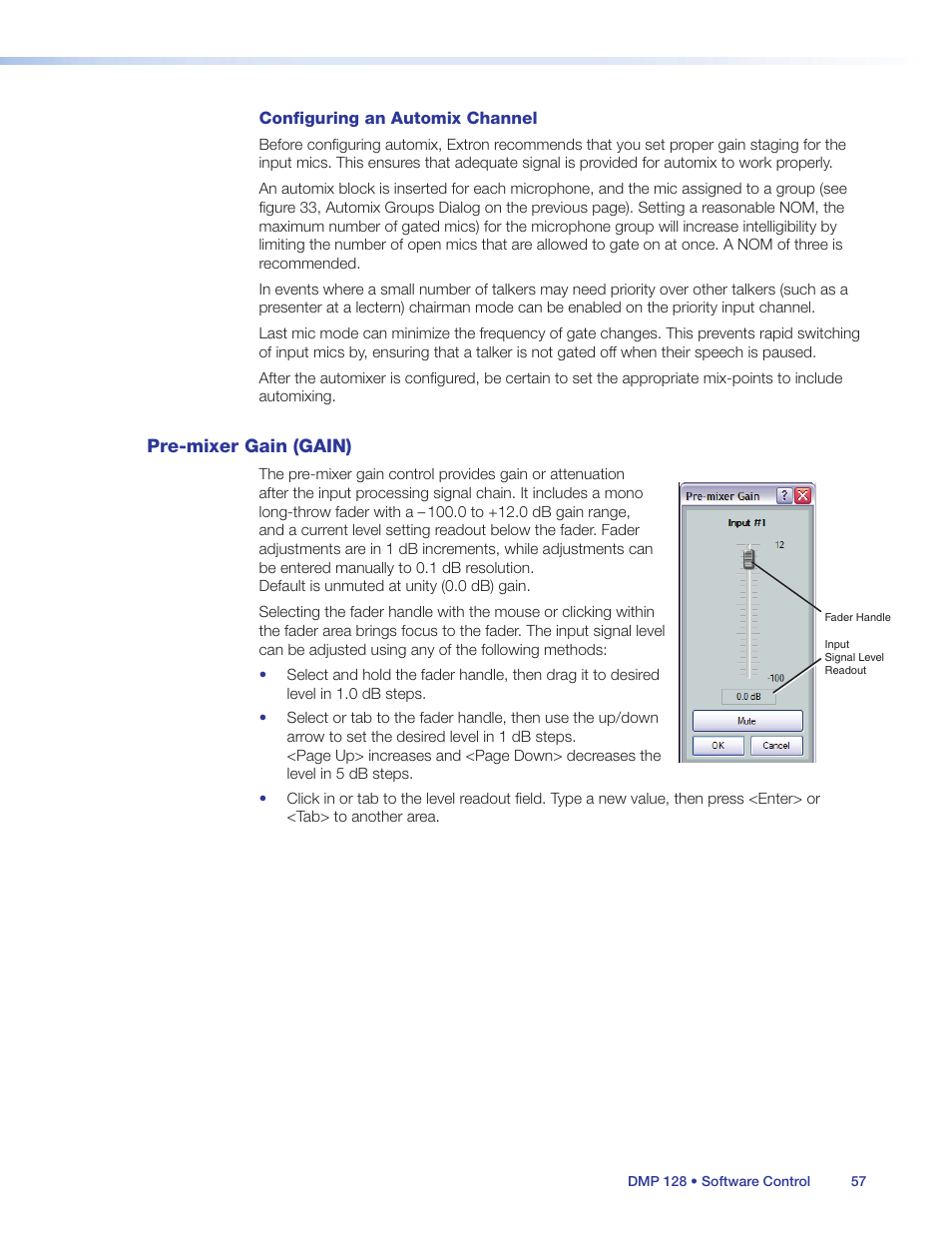 Pre‑mixer gain (gain), Pre-mixer gain (gain) | Extron Electronics DMP 128 User Guide User Manual | Page 63 / 205