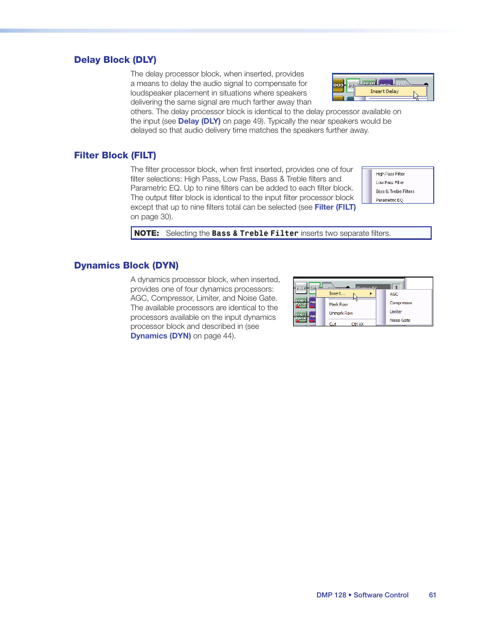 Delay block (dly), Filter block (filt), Dynamics block (dyn) | Extron Electronics DMP 128 User Guide User Manual | Page 67 / 205