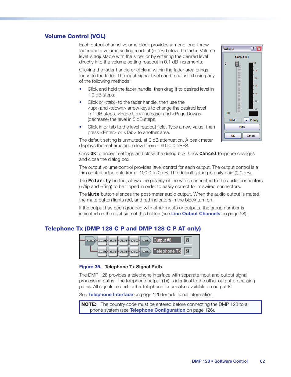 Volume control (vol), Telephone tx (dmp 128 c p and dmp 128 c p at only), Volume control (vol) telephone tx (dmp 128 c p and | Dmp 128 c p at only) | Extron Electronics DMP 128 User Guide User Manual | Page 68 / 205