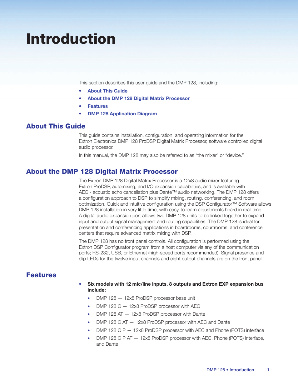 Introduction, About this guide, About the dmp 128 digital matrix processor | Features | Extron Electronics DMP 128 User Guide User Manual | Page 7 / 205