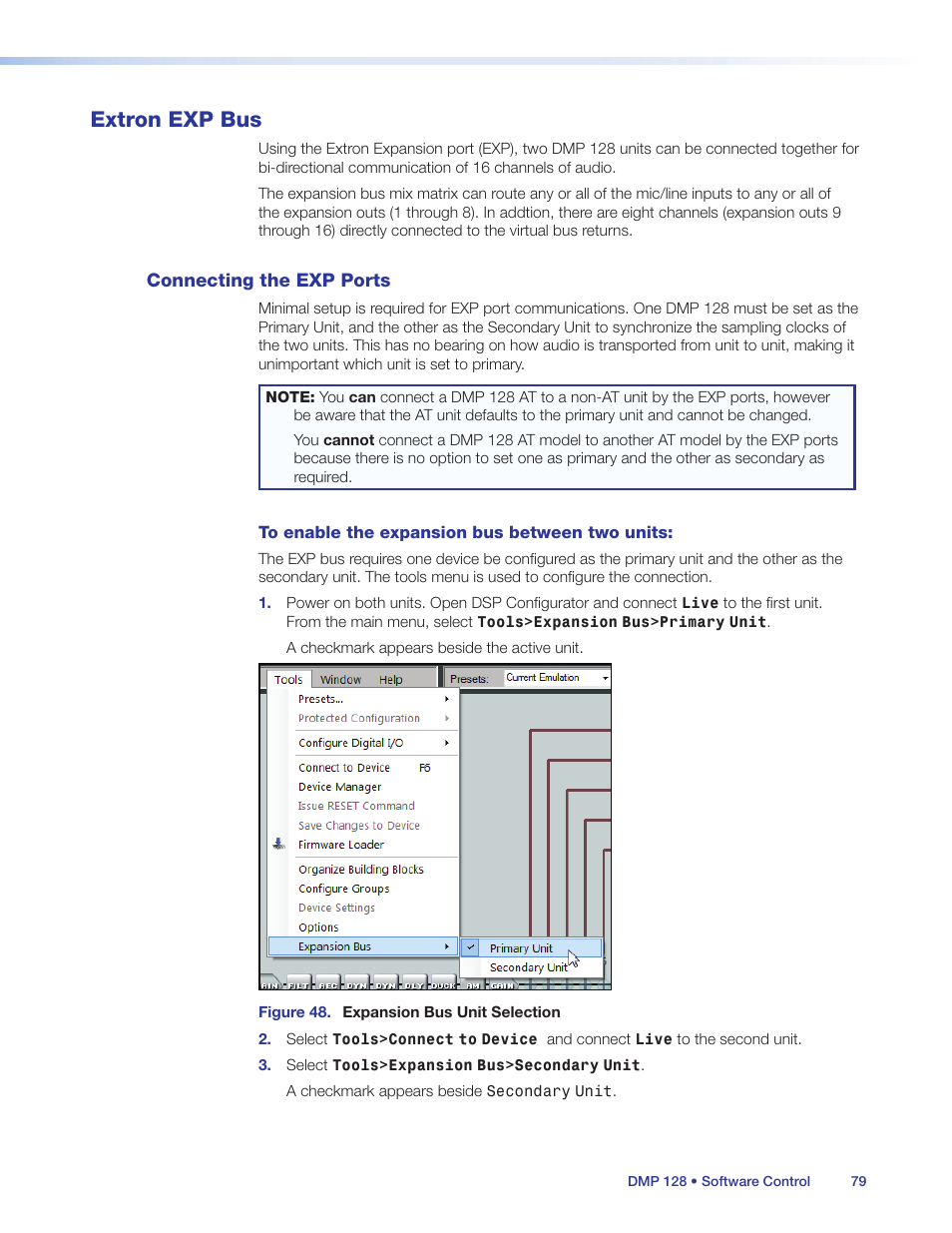 Extron exp bus, Connecting the exp ports, The primary or secondary device (see | Extron, Exp bus | Extron Electronics DMP 128 User Guide User Manual | Page 85 / 205