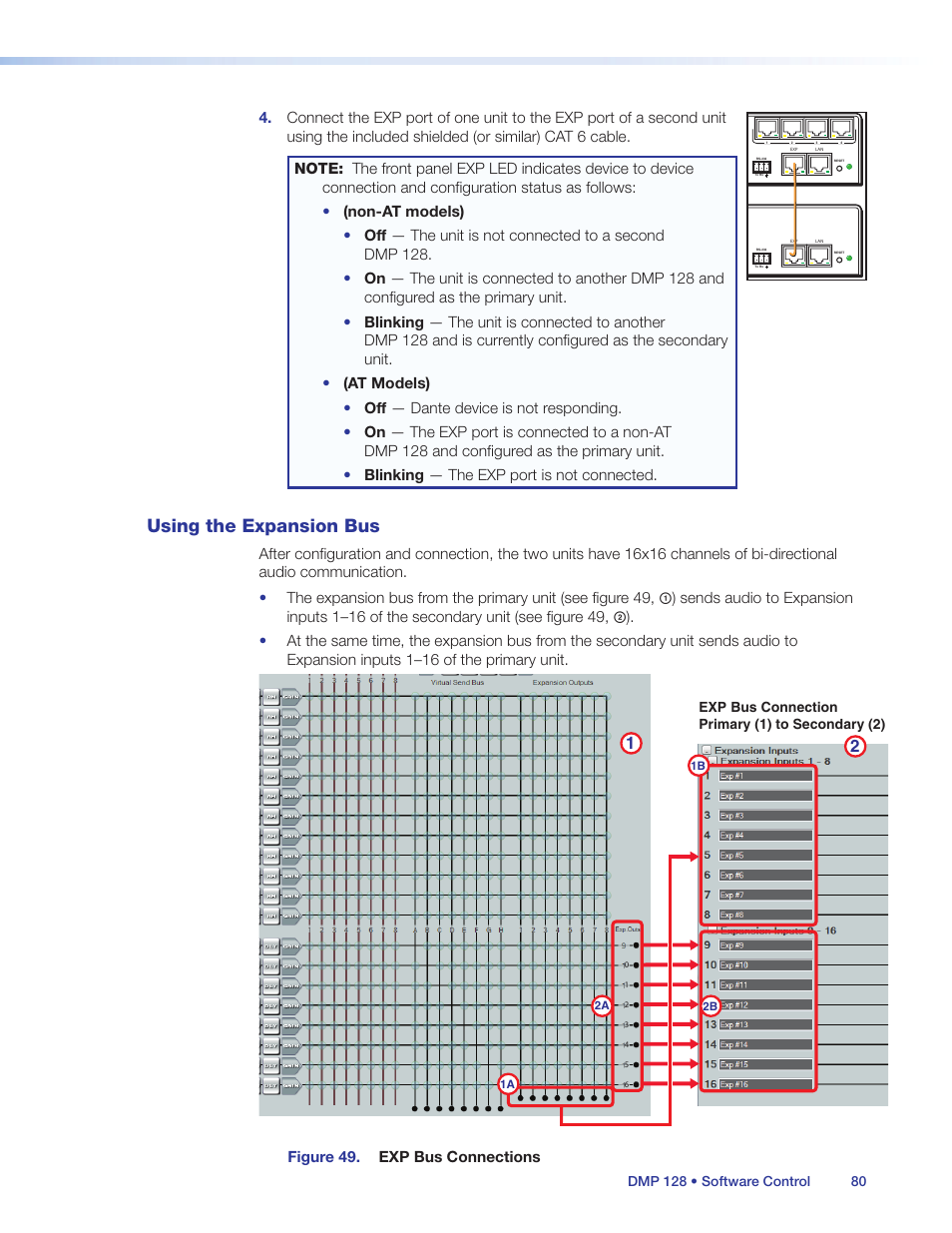 Using the expansion bus, Figure 49. exp bus connections, Exp bus connection primary (1) to secondary (2) | 1a 1b 2a 2b | Extron Electronics DMP 128 User Guide User Manual | Page 86 / 205