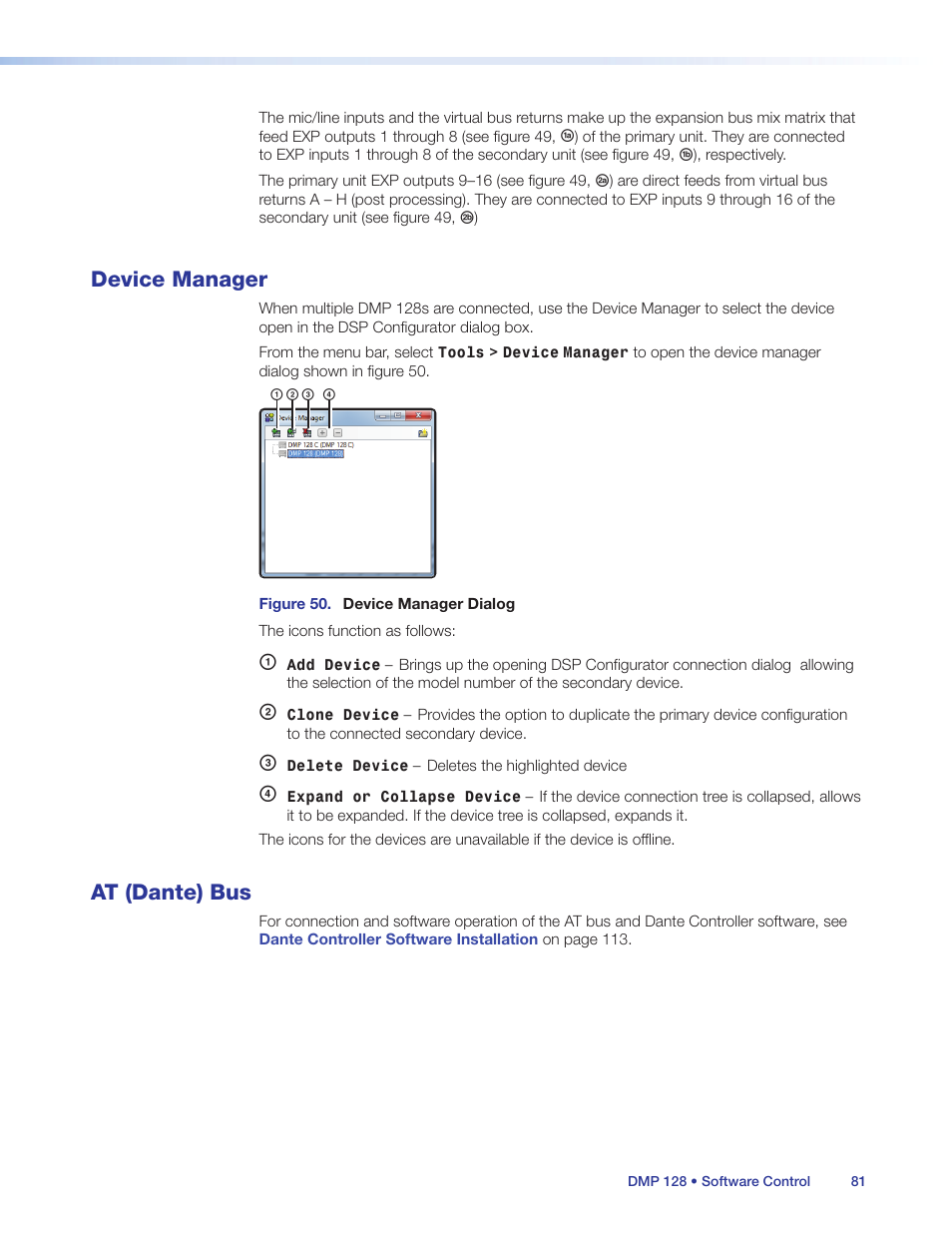 Device manager, At (dante) bus, Device manager at (dante) bus | Be added to an existing device (see | Extron Electronics DMP 128 User Guide User Manual | Page 87 / 205