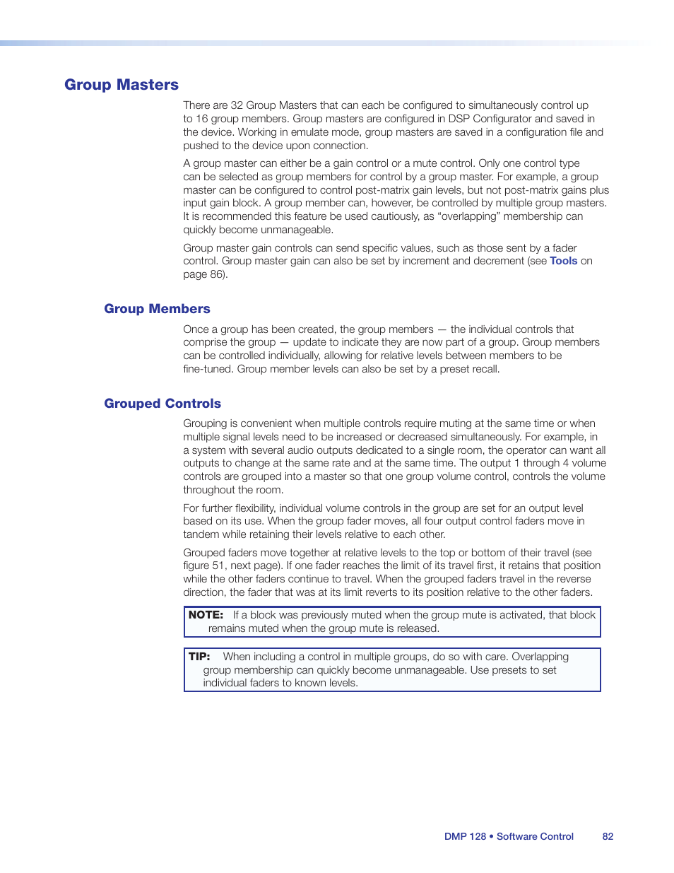 Group masters, Group members, Grouped controls | Group members grouped controls, Ols dialog box (see, Oups dialog box (see, Group, Masters | Extron Electronics DMP 128 User Guide User Manual | Page 88 / 205