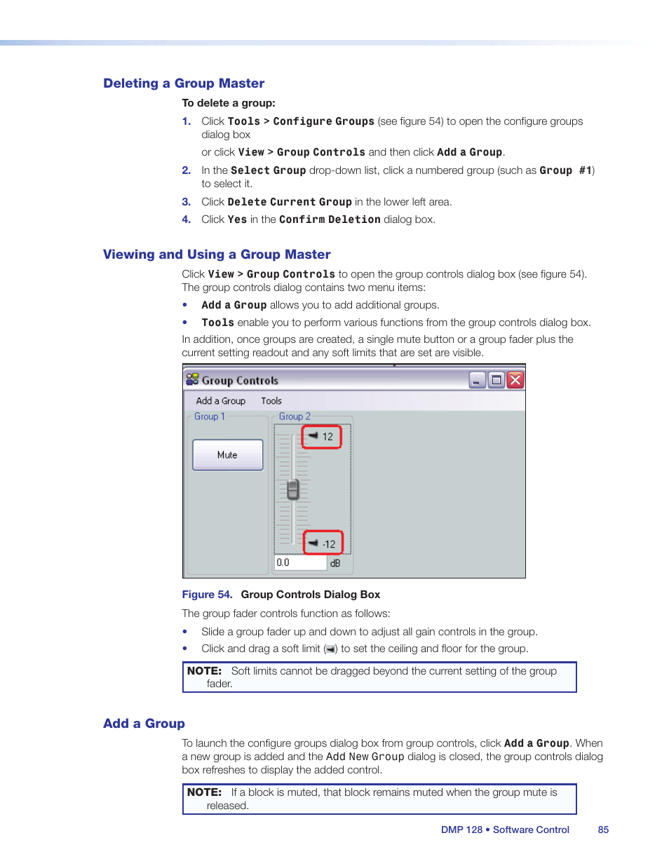 Deleting a group master, Viewing and using a group master, Add a group | Extron Electronics DMP 128 User Guide User Manual | Page 91 / 205