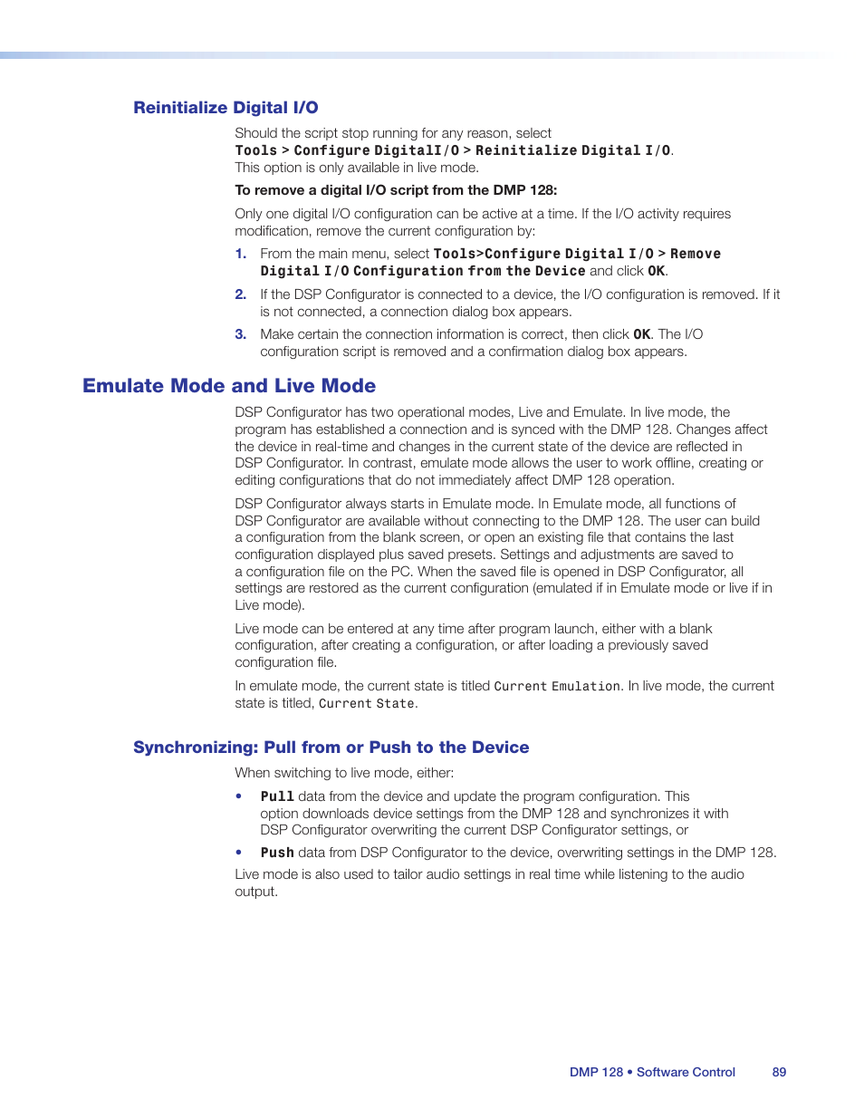 Reinitialize digital i/o, Emulate mode and live mode, Synchronizing: pull from or push to the device | Synchronizing: pull from or push, To the device, Emulate, Mode and live mode | Extron Electronics DMP 128 User Guide User Manual | Page 95 / 205