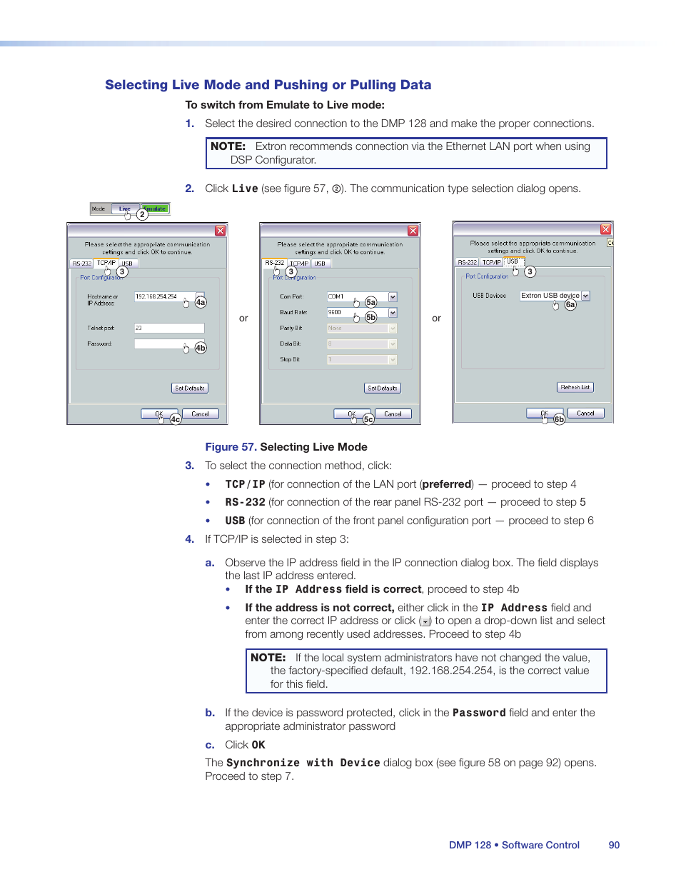 Selecting live mode and pushing or pulling data, Selecting live mode and pushing, Or pulling data | Extron Electronics DMP 128 User Guide User Manual | Page 96 / 205
