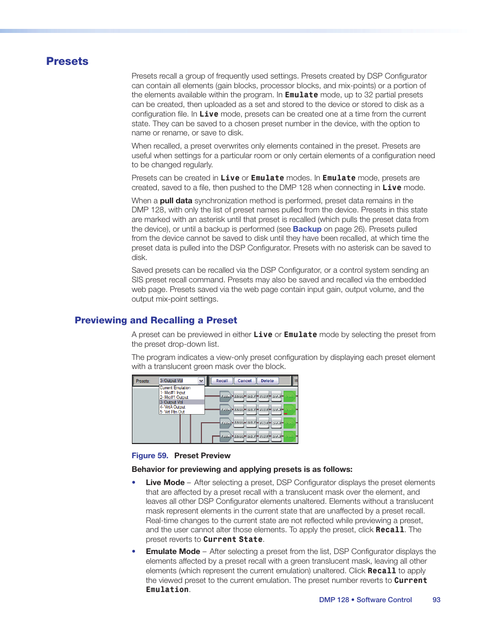 Presets, Previewing and recalling a preset | Extron Electronics DMP 128 User Guide User Manual | Page 99 / 205