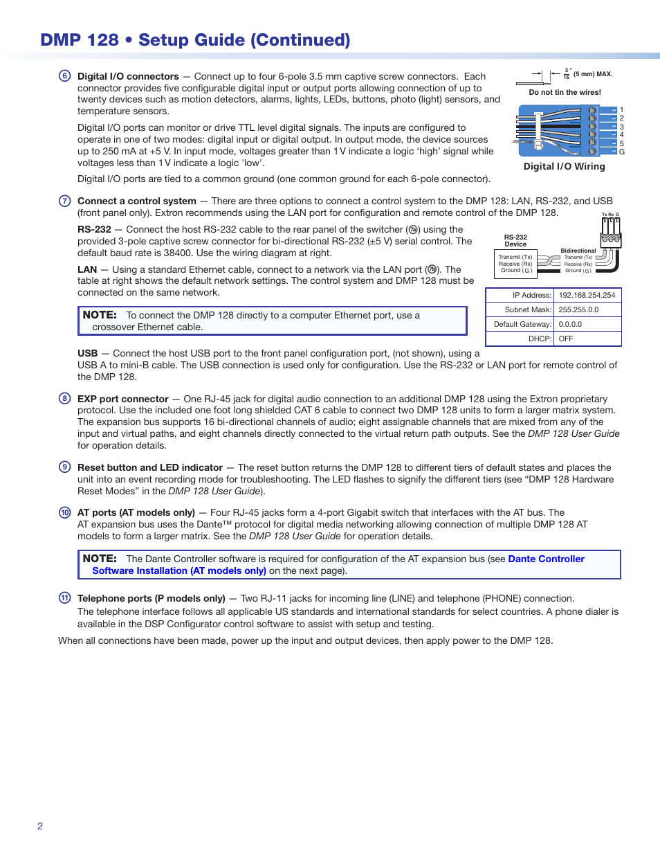 Dmp 128 • setup guide (continued) | Extron Electronics DMP 128 Setup Guide User Manual | Page 2 / 4