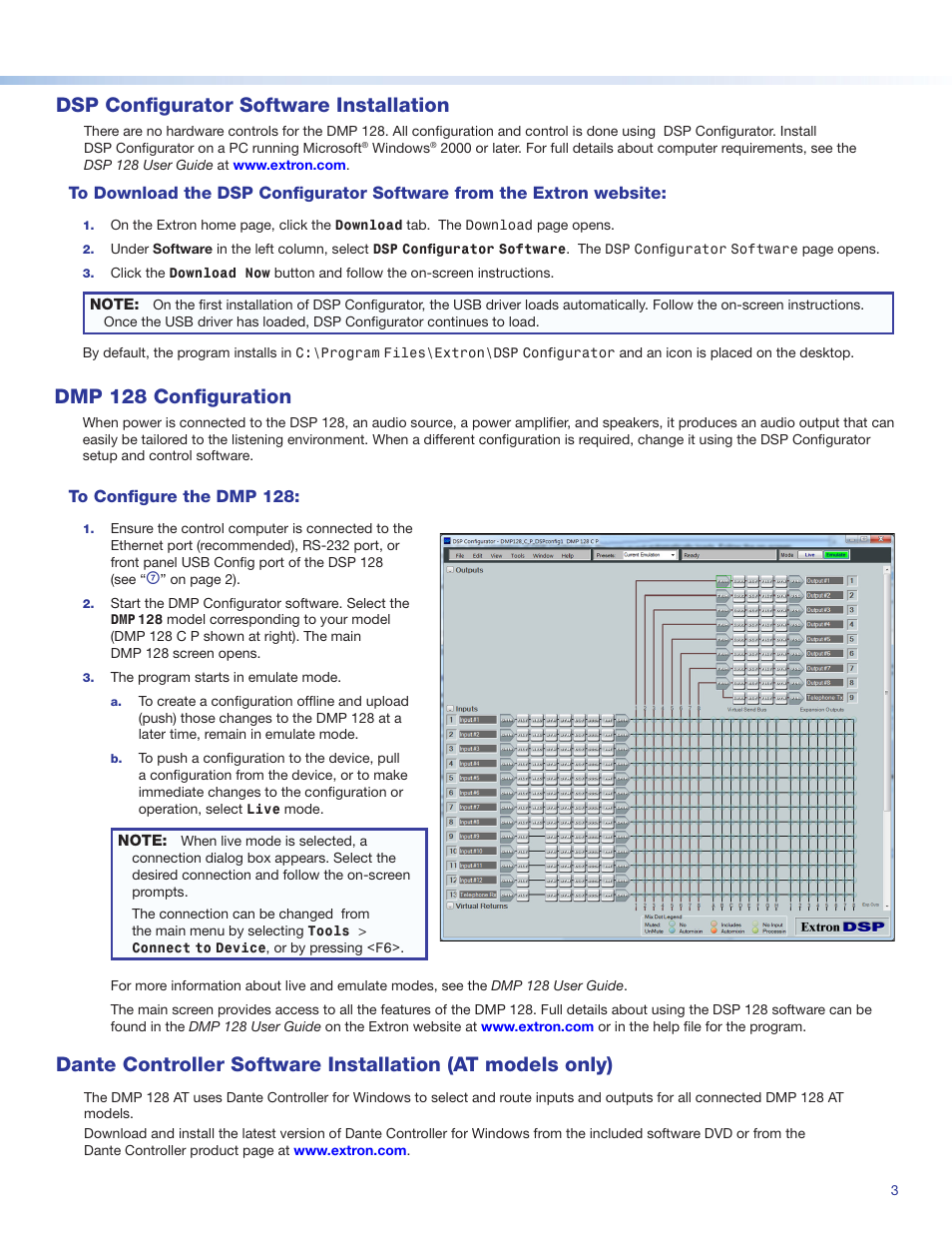 Dmp 128 configuration, Dsp configurator software installation, Product category | Extron Electronics DMP 128 Setup Guide User Manual | Page 3 / 4