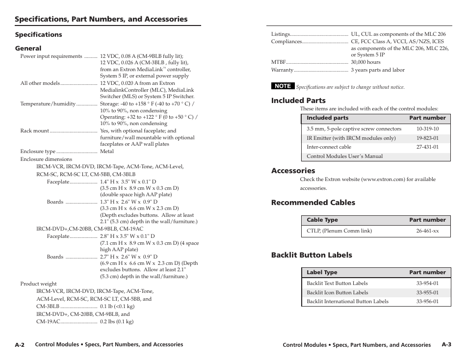 Specifications, part numbers, and accessories, Included parts, Accessories | Recommended cables, Backlit button labels | Extron Electronics Control Modules User Manual | Page 11 / 12