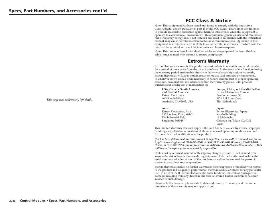Warranty, Fcc class a notice, Extron’s warranty | Specs, part numbers, and accessories cont'd | Extron Electronics Control Modules User Manual | Page 12 / 12