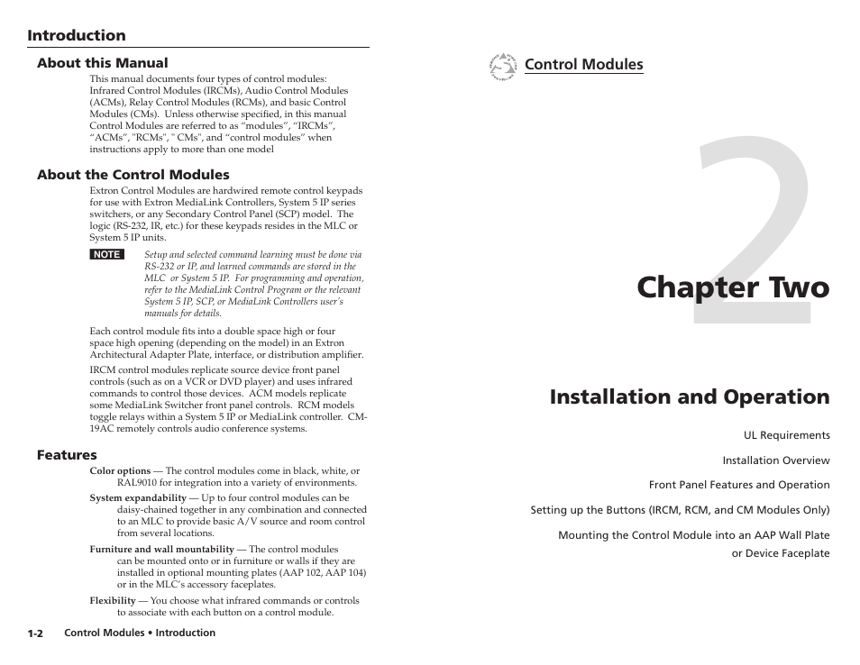 Introduction, About this manual, About the control modules | Features, Chapter two, Installation and operation | Extron Electronics Control Modules User Manual | Page 5 / 12