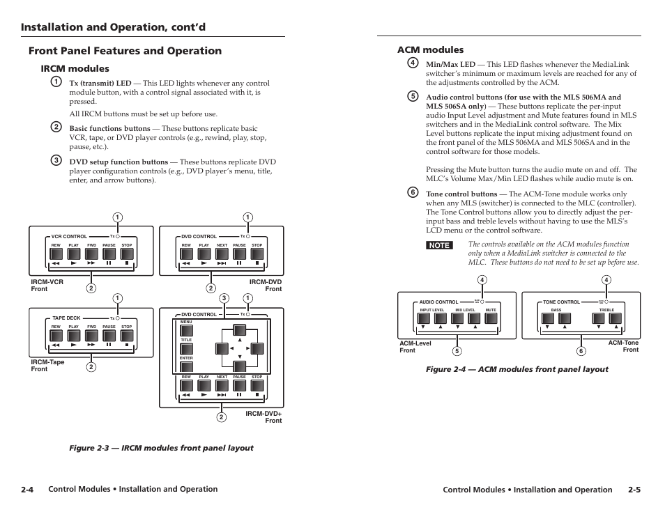 Front panel fetaures and operation, Ircm modules, Acm modules | Installation and operation, cont’d, Front panel features and operation | Extron Electronics Control Modules User Manual | Page 7 / 12