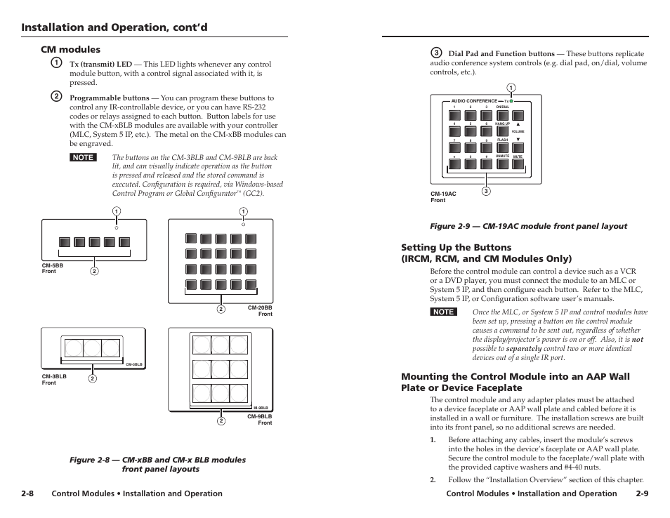 Cm modules, Settng up the buttons, Mounting the control module | Installation and operation, cont’d | Extron Electronics Control Modules User Manual | Page 9 / 12