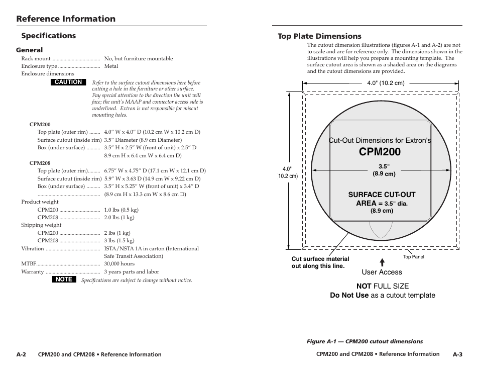 Cpm200, Reference information, Top plate dimensions | Speciﬁcations | Extron Electronics CPM208 User Manual | Page 11 / 13