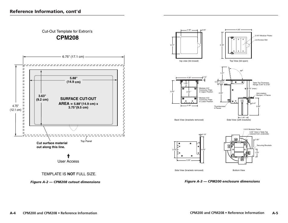 Cpm208, Reference information, cont'd, User access cut-out template for extron's | Template is not full size, Surface cut-out area | Extron Electronics CPM208 User Manual | Page 12 / 13