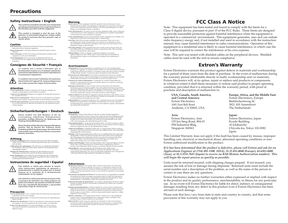 Precautions, Fcc class a notice, Extron’s warranty | Instrucciones de seguridad • español | Extron Electronics CPM208 User Manual | Page 2 / 13