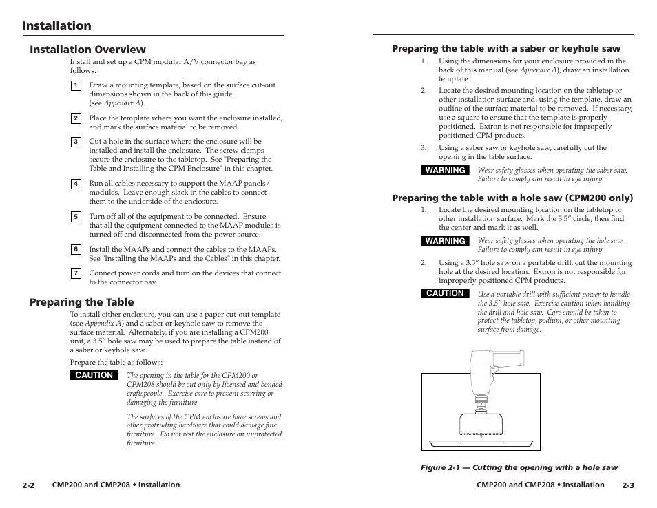 Installation, Installation overview, Preparing the table | Extron Electronics CPM208 User Manual | Page 7 / 13