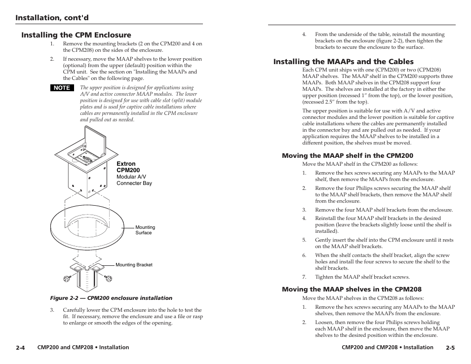 Installation, cont'd, Installing the maaps and the cables, Installing the cpm enclosure | Das 101c m a udio buff er | Extron Electronics CPM208 User Manual | Page 8 / 13