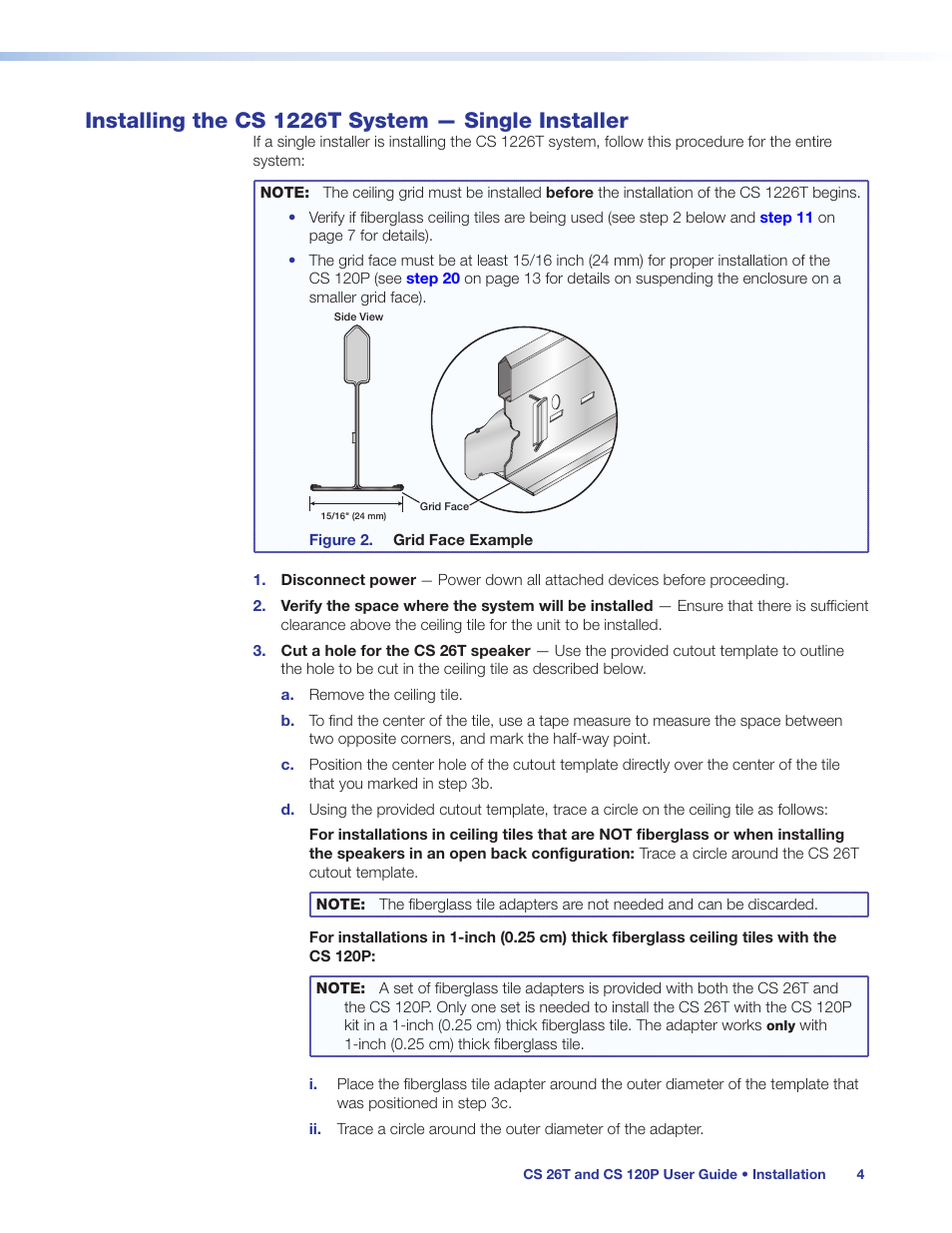Installing the cs 1226t system — single installer, Installing the cs 1226t system — single, Installer | Installing the cs 1226t — single installer | Extron Electronics CS 120P User Guide User Manual | Page 10 / 33