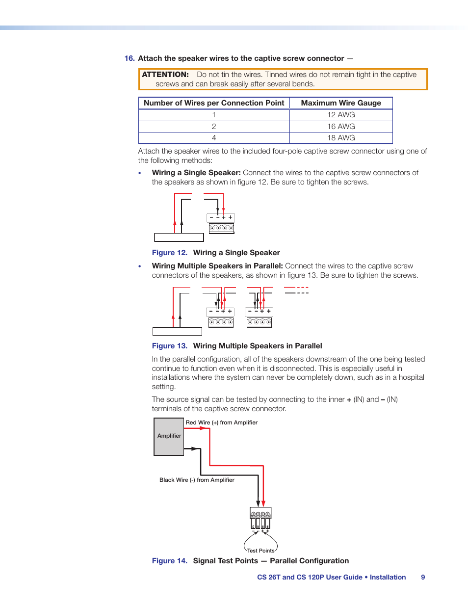 Signal test points, Figure 12. wiring a single speaker | Extron Electronics CS 120P User Guide User Manual | Page 15 / 33