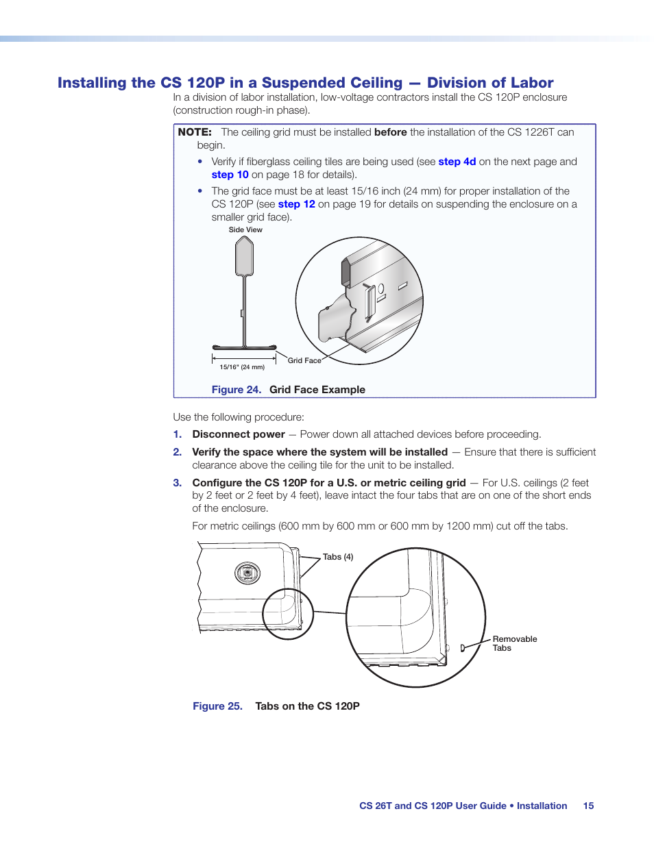 Installing the cs 120p in a suspended, Ceiling — division of labor | Extron Electronics CS 120P User Guide User Manual | Page 21 / 33