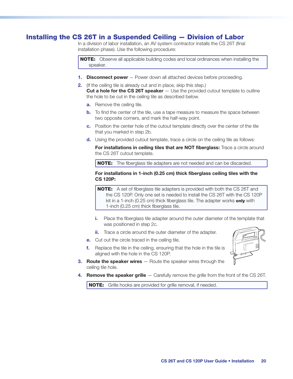 Installing the cs 26t in a suspended, Ceiling — division of labor | Extron Electronics CS 120P User Guide User Manual | Page 26 / 33