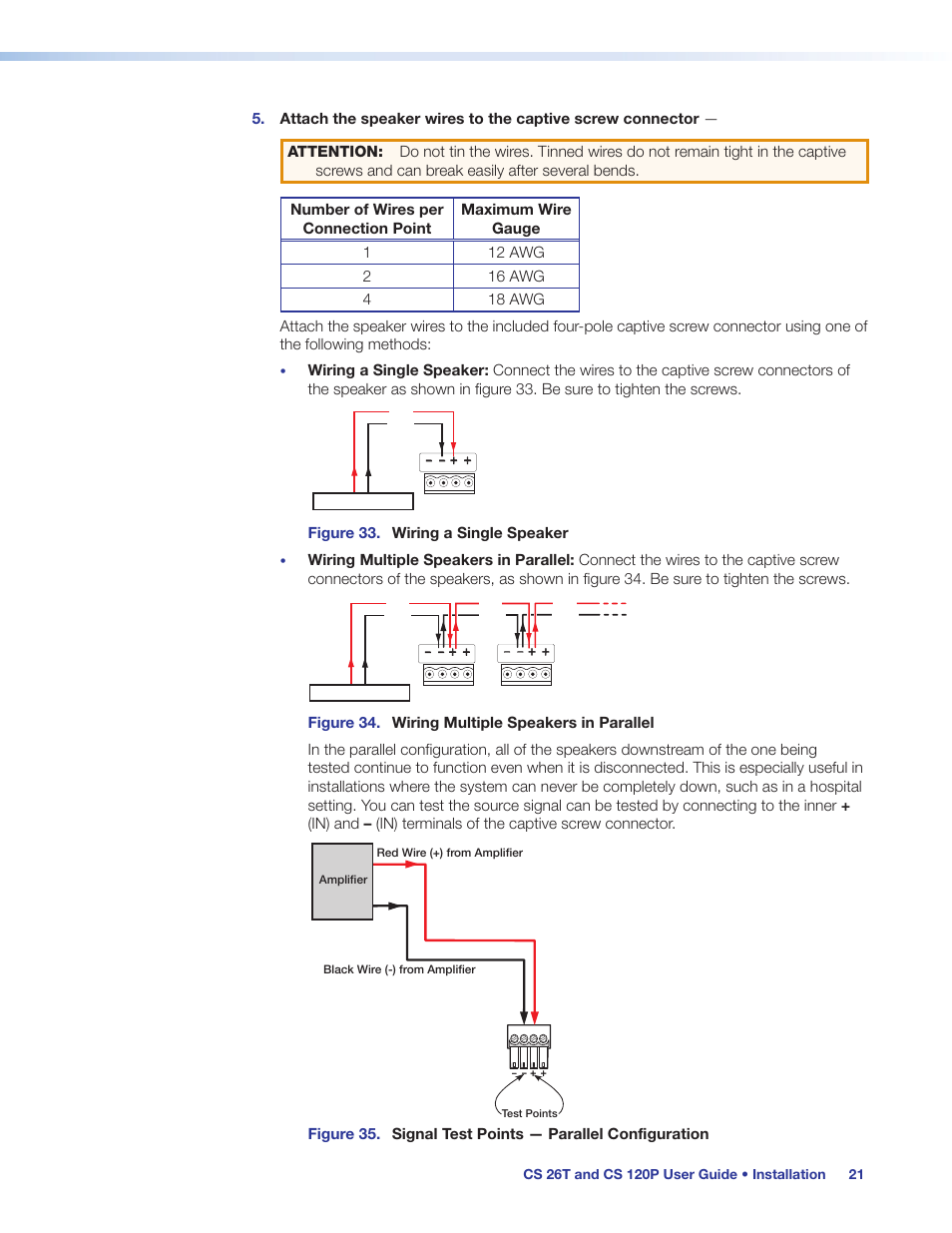 Signal test points, Figure 33. wiring a single speaker | Extron Electronics CS 120P User Guide User Manual | Page 27 / 33