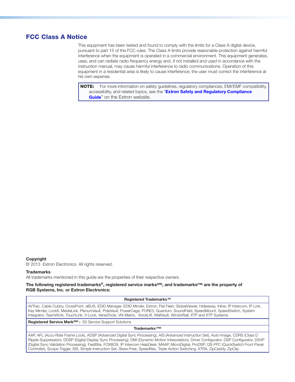 Fcc class a notice, Fda/iec 60825-1 requirements | Extron Electronics CS 120P User Guide User Manual | Page 3 / 33