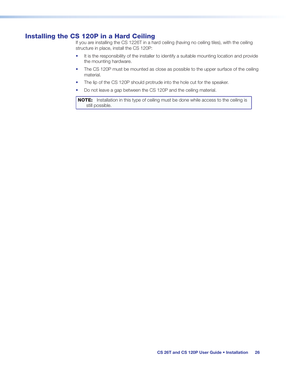 Installing the cs 120p in a hard ceiling, Installing cs 120p in a hard ceiling | Extron Electronics CS 120P User Guide User Manual | Page 32 / 33