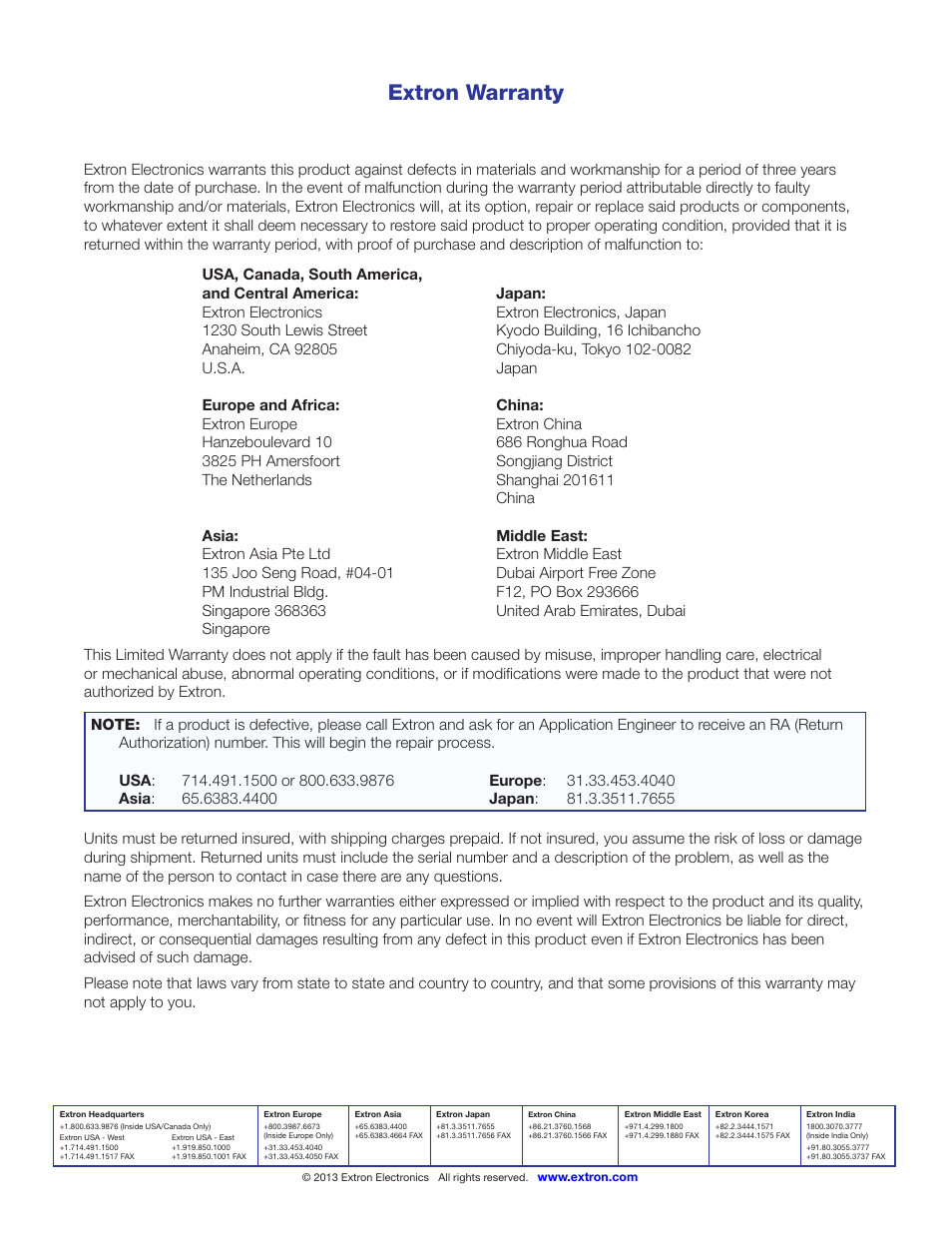 Extron warranty, Contact information | Extron Electronics CS 120P User Guide User Manual | Page 33 / 33