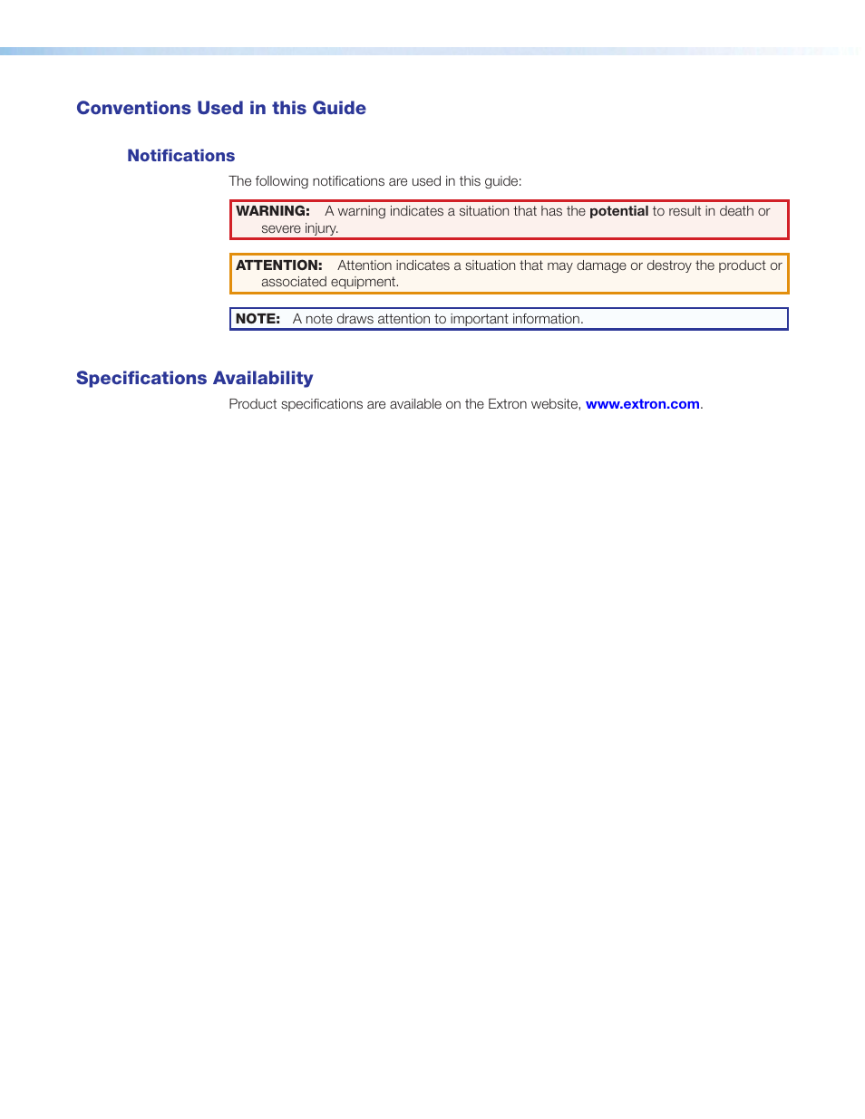 Conventions used in this guide, Notifications, Specifications availability | Extron Electronics CS 120P User Guide User Manual | Page 4 / 33