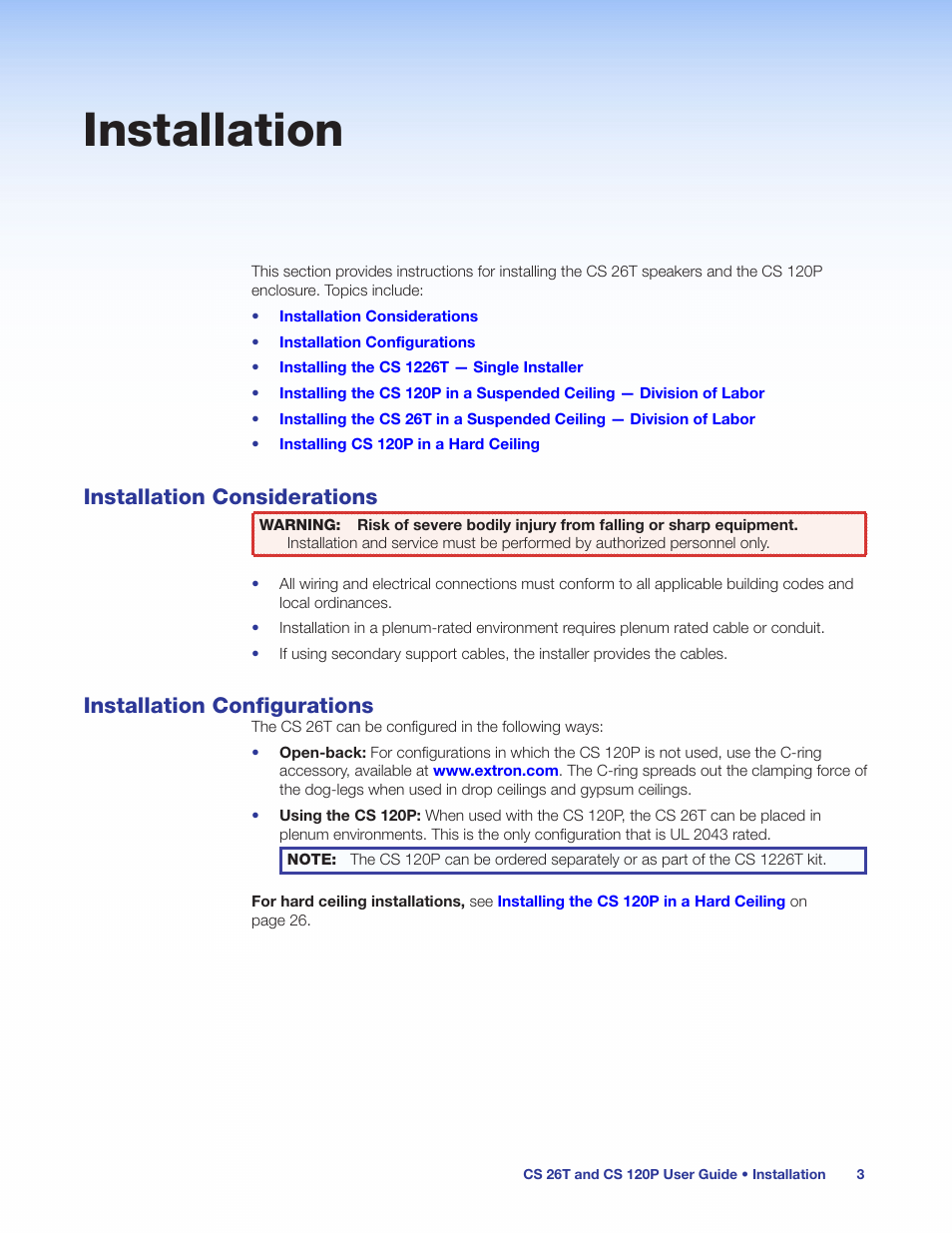 Installation, Installation considerations, Installation configurations | Extron Electronics CS 120P User Guide User Manual | Page 9 / 33