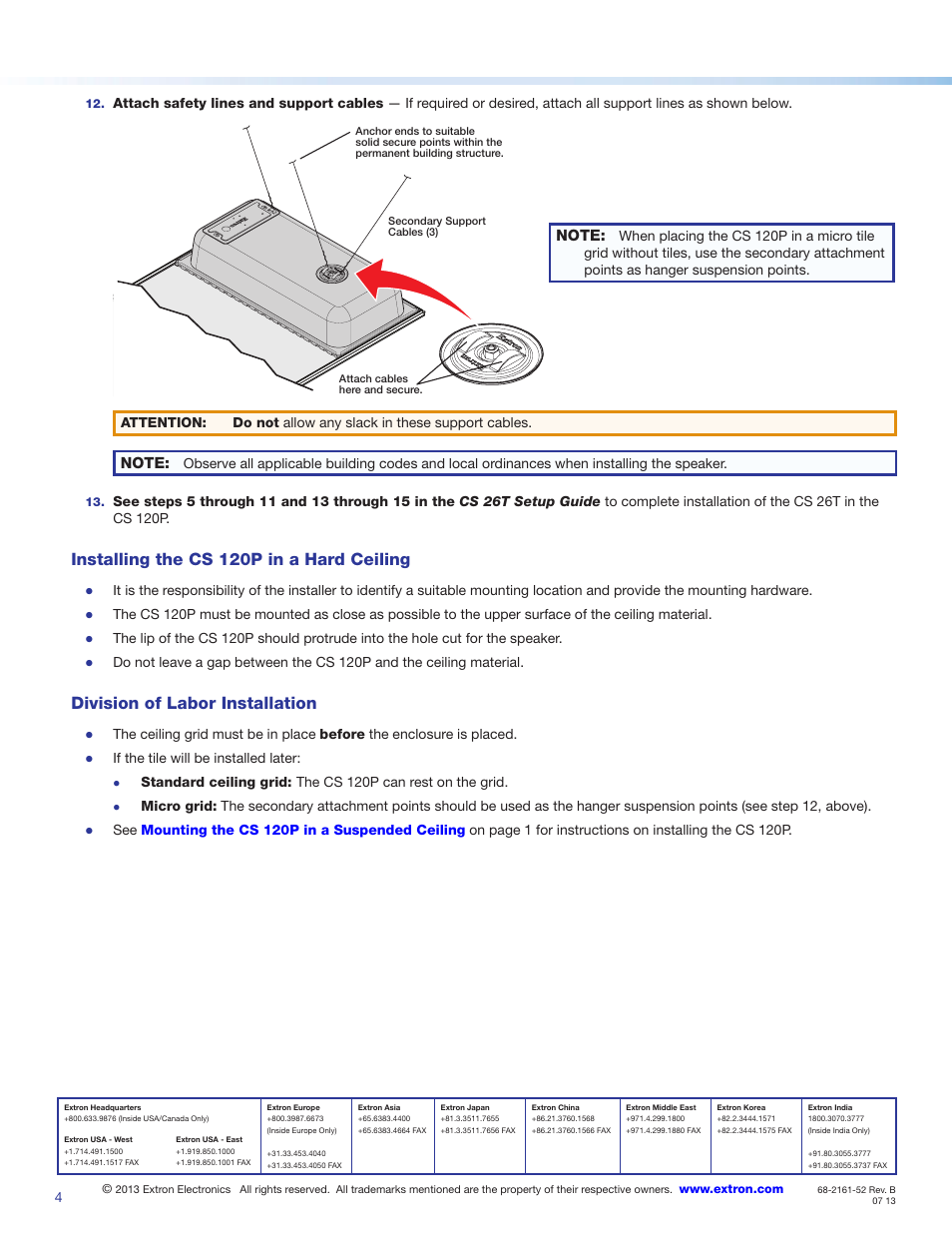 Installing the cs 120p in a hard ceiling, Division of labor installation | Extron Electronics CS 120P Setup Guide User Manual | Page 4 / 4