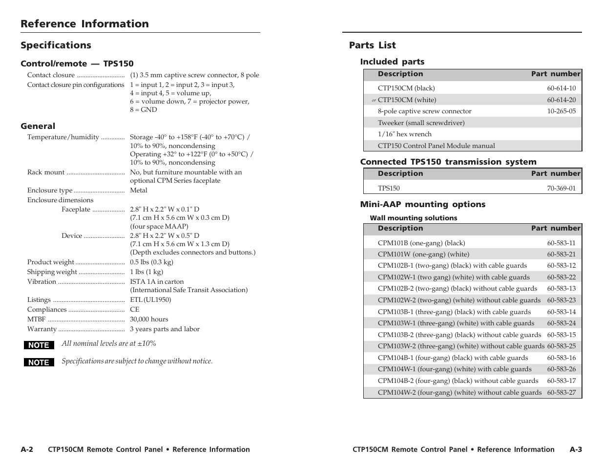 Reference information, Reference information, cont’d, Parts list | Specifications | Extron Electronics CTP150CM User Guide User Manual | Page 10 / 11