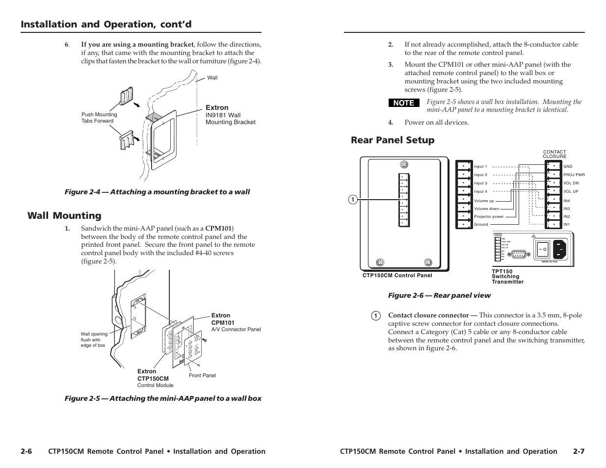 Installation and operation, cont’d, Rear panel setup, Wall mounting | Extron Electronics CTP150CM User Guide User Manual | Page 8 / 11