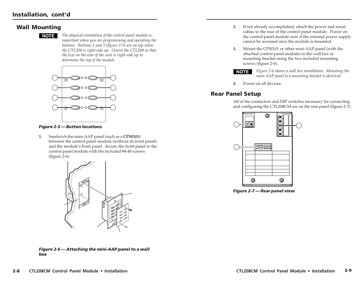 Installation, cont’d, Rear panel setup, Wall mounting | Ctl208cm control panel module • installation, Figure 2-5 — button locations | Extron Electronics CTL208CM User Manual | Page 11 / 25