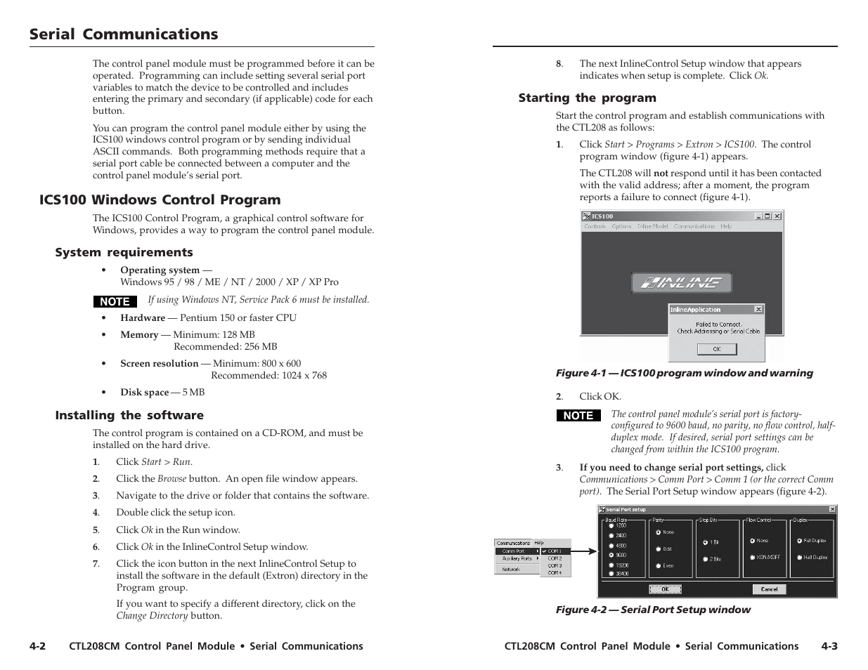 Serial communications, Serial communications, cont’d, Ics100 windows control program | Extron Electronics CTL208CM User Manual | Page 16 / 25
