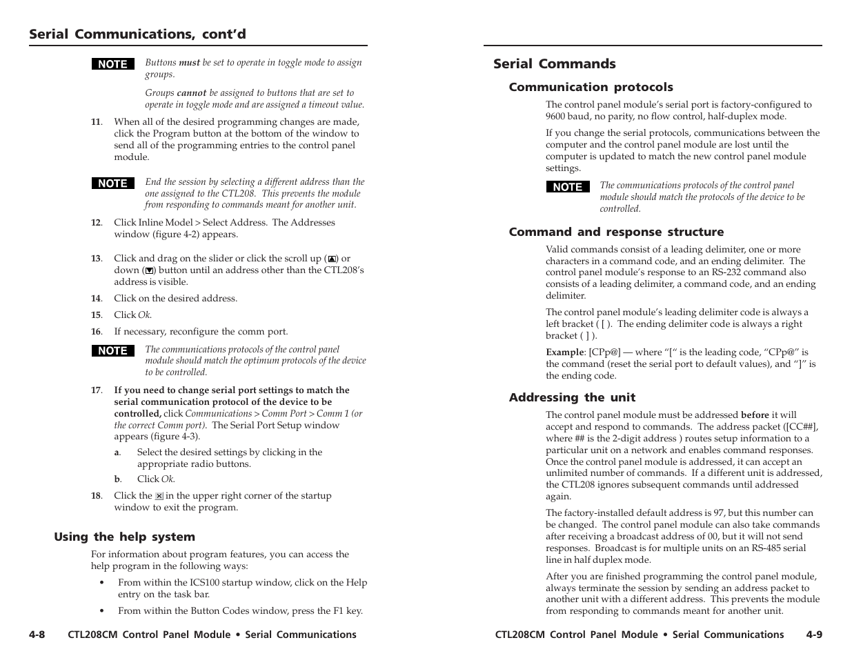 Serial communications, cont’d, Serial commands | Extron Electronics CTL208CM User Manual | Page 19 / 25