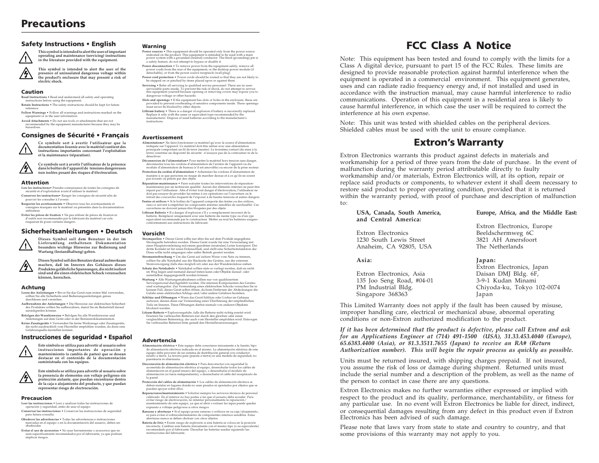 Precautions, Fcc class a notice, Extron’s warranty | Instrucciones de seguridad • español | Extron Electronics CTL208CM User Manual | Page 2 / 25